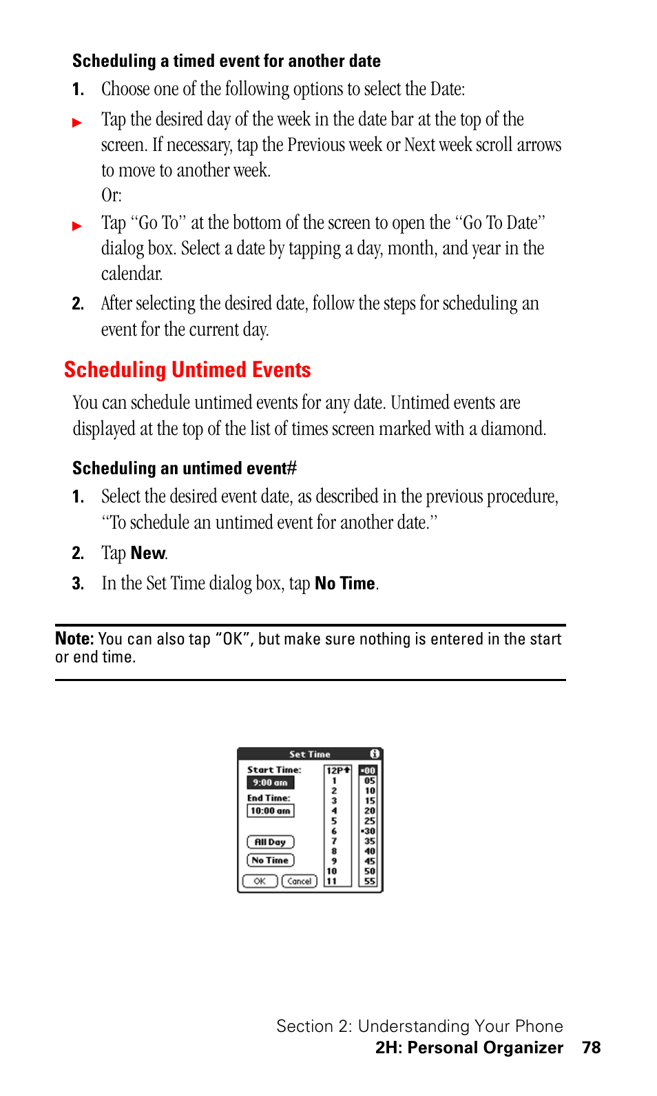 Scheduling a timed event for another date, Scheduling untimed events, Scheduling an untimed event | Samsung SPH-I330 User Manual | Page 82 / 206