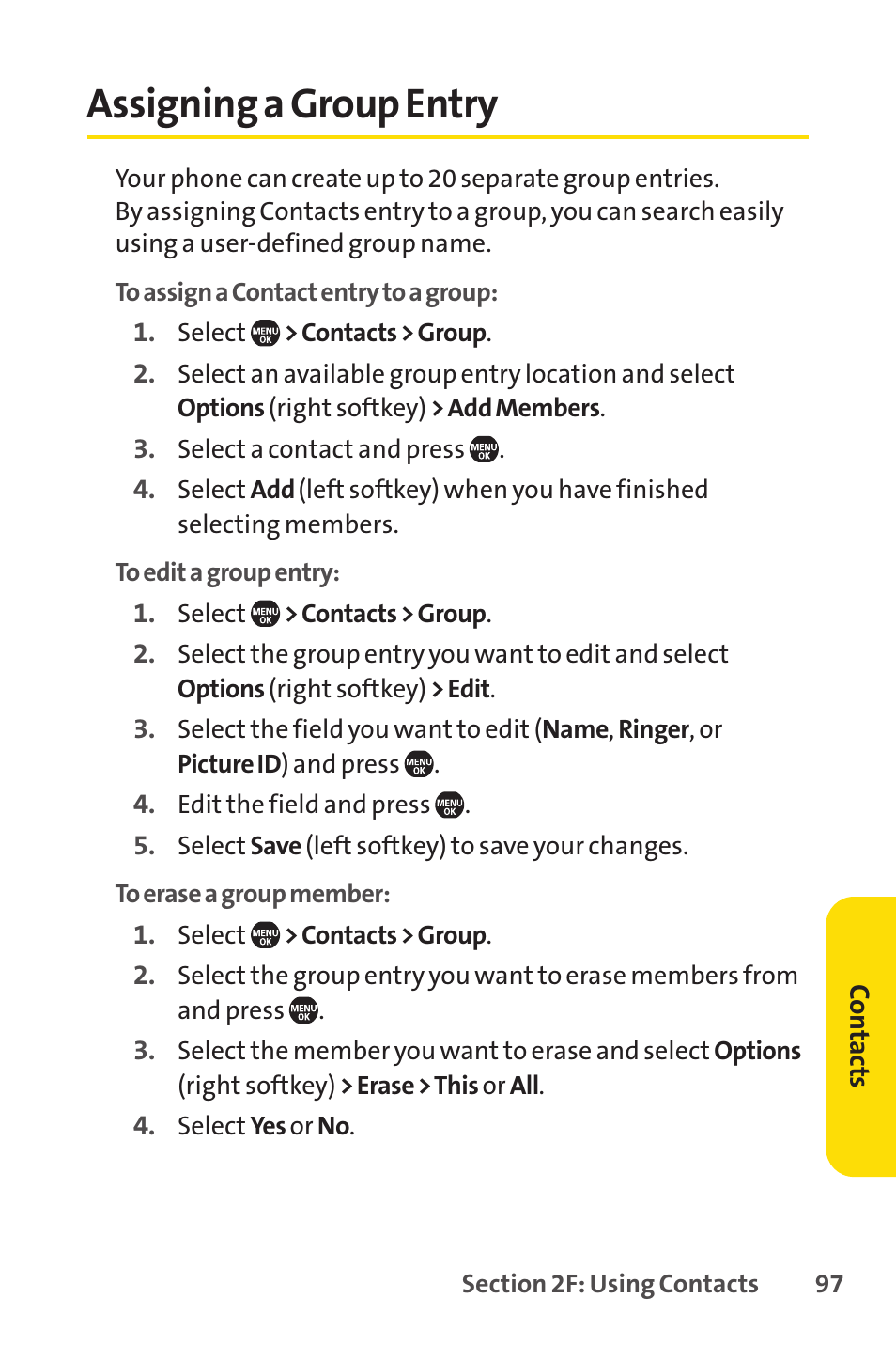 Assigning a group entry | Sprint Nextel Telephone User Manual | Page 113 / 236