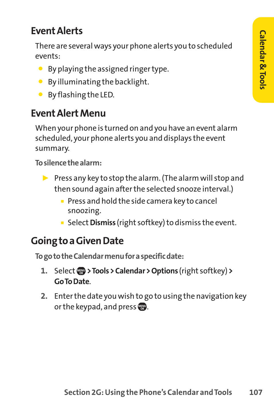 Event alerts, Event alert menu, Going to a given date | Sprint Nextel Telephone User Manual | Page 123 / 236