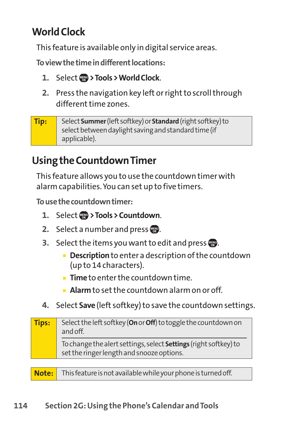 World clock, Using the countdown timer | Sprint Nextel Telephone User Manual | Page 130 / 236