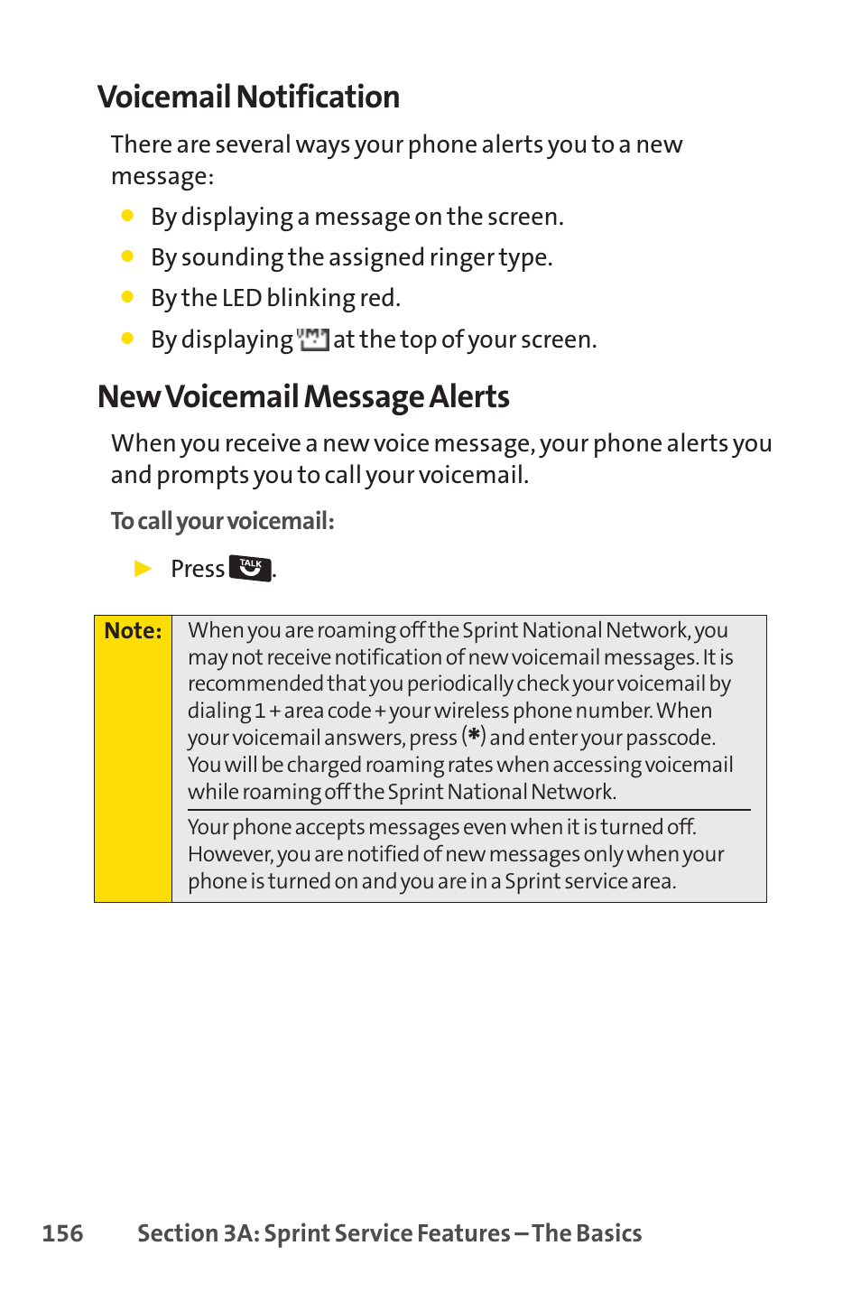 Voicemail notification, New voicemail message alerts | Sprint Nextel Telephone User Manual | Page 172 / 236