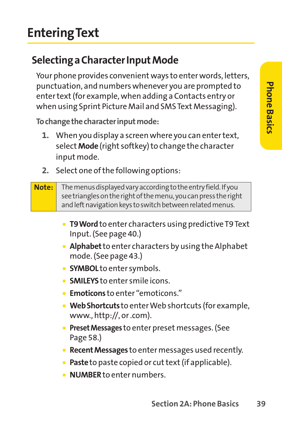 Entering text, Selecting a character input mode, Ph on e b as ics | Sprint Nextel Telephone User Manual | Page 55 / 236