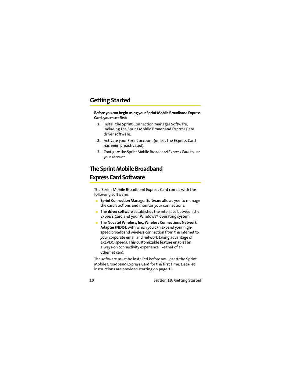 Getting started, The sprint mobile broadband express card software | Sprint Nextel MERLIN EX720 User Manual | Page 16 / 135