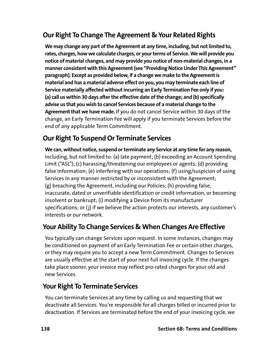 Our right to suspend or terminate services, Your right to terminate services | Sprint Nextel 595U User Manual | Page 146 / 178