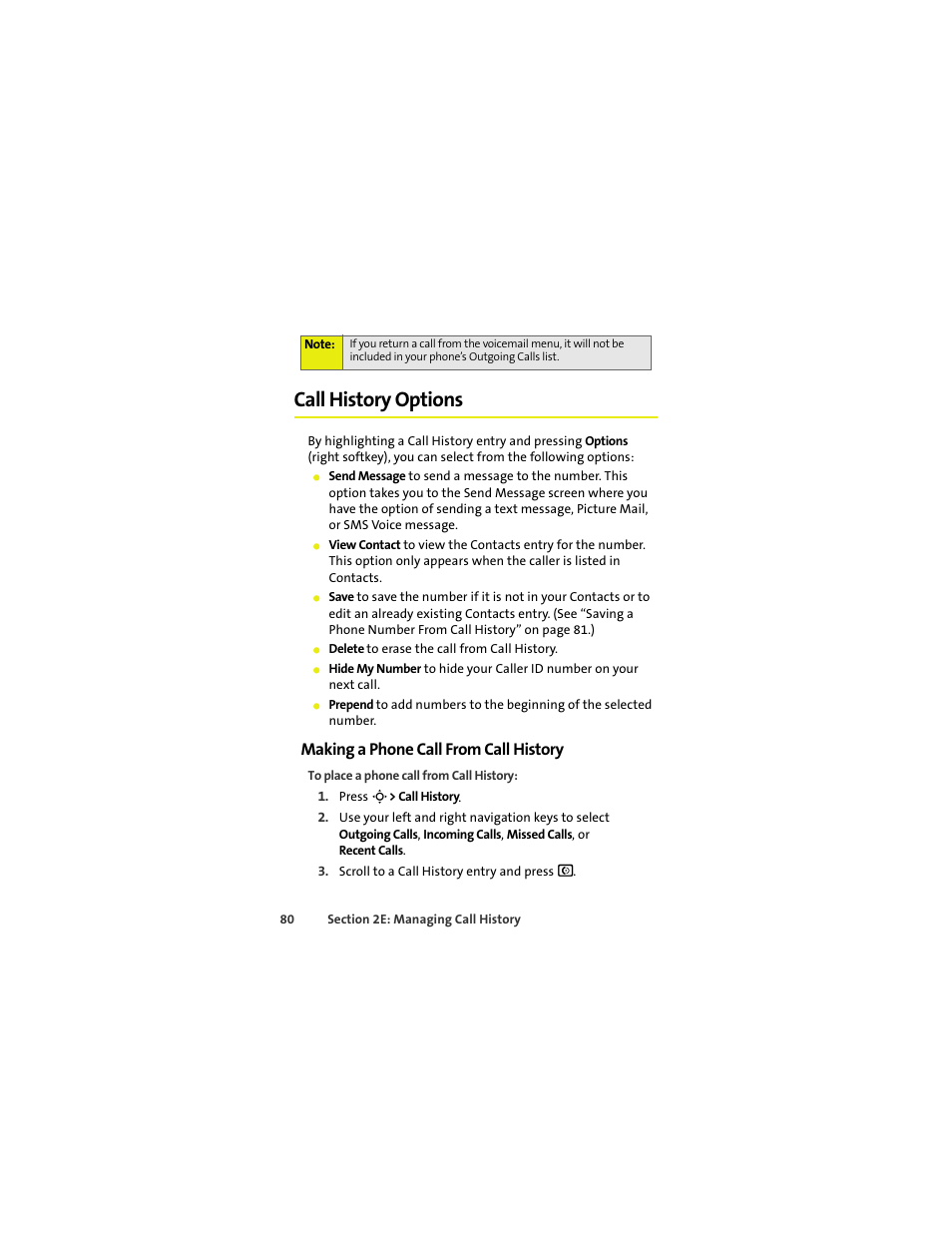 Call history options, Making a phone call from call history | Sprint Nextel MOTOKRZR K1M User Manual | Page 96 / 223
