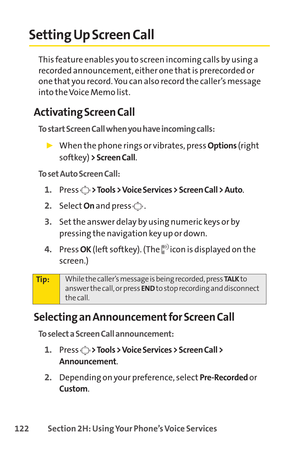Setting up screen call, Activating screen call, Selecting an announcement for screen call | Sprint Nextel VISION S1 User Manual | Page 138 / 218