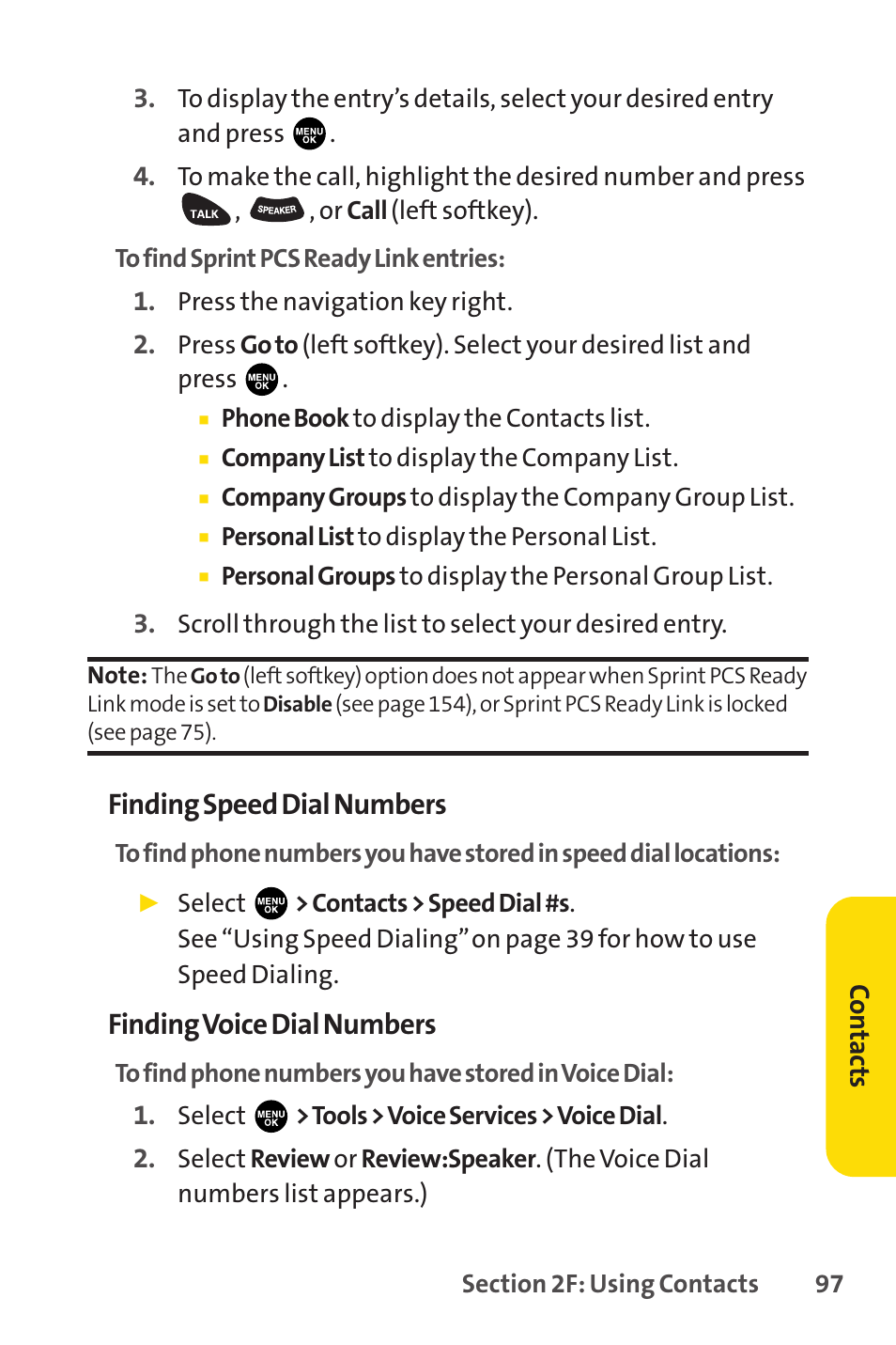 Finding speed dial numbers, Finding voice dial numbers | Sprint Nextel PCSVISIONPHONE SCP-3100 User Manual | Page 113 / 270