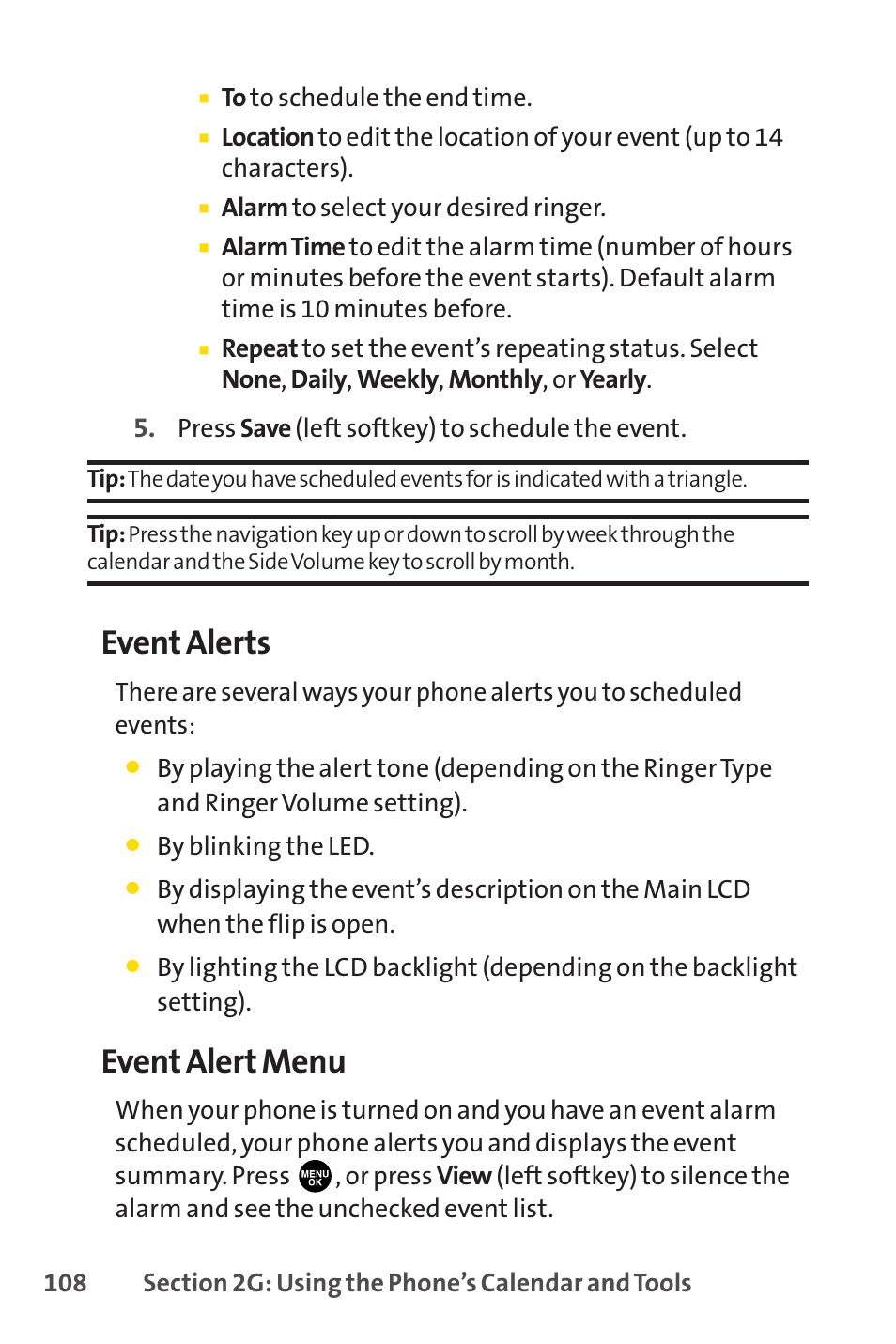 Event alerts, Event alert menu | Sprint Nextel PCSVISIONPHONE SCP-3100 User Manual | Page 124 / 270