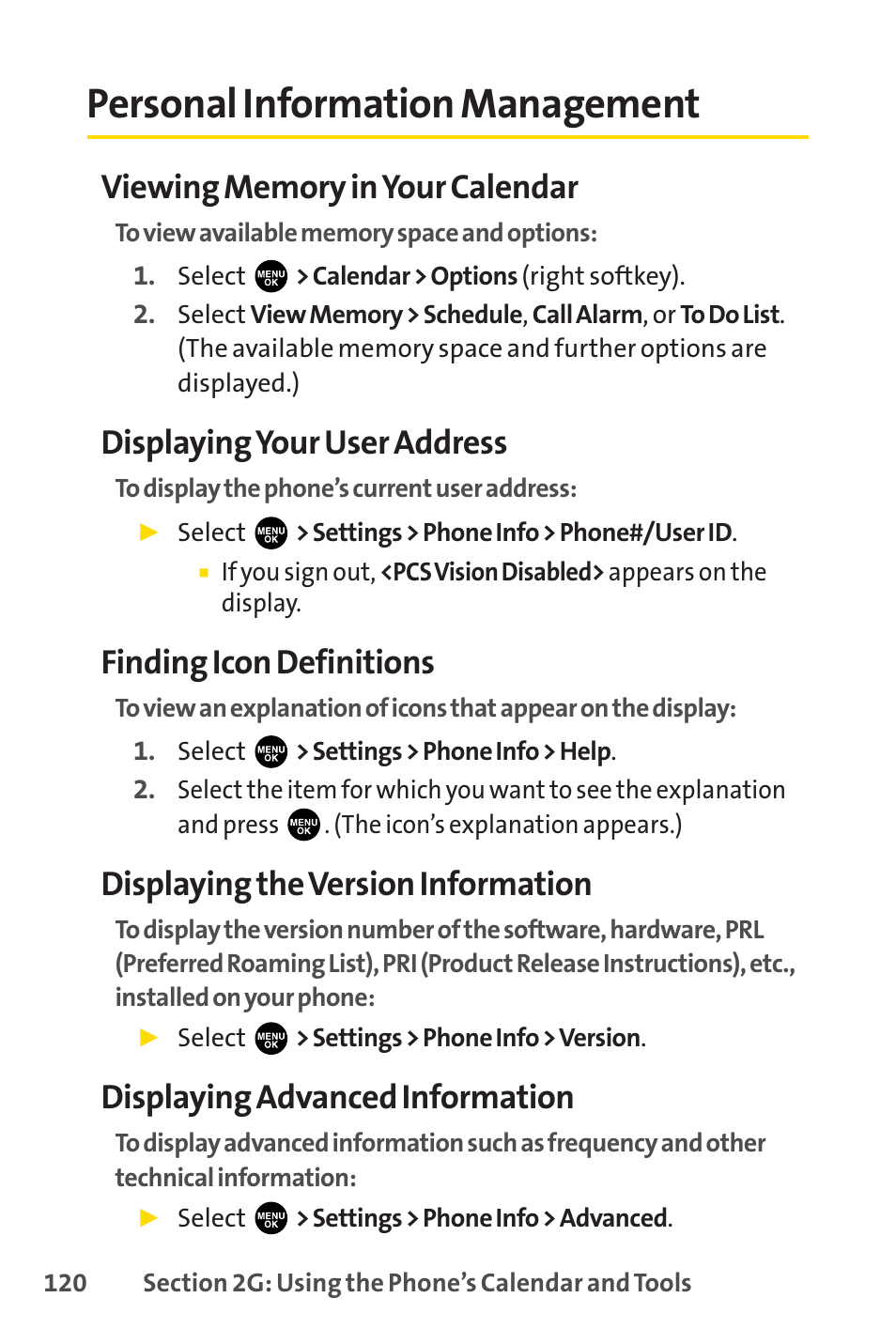 Personal information management, Displaying your user address, Finding icon definitions | Displaying the version information, Displaying advanced information | Sprint Nextel PCSVISIONPHONE SCP-3100 User Manual | Page 136 / 270
