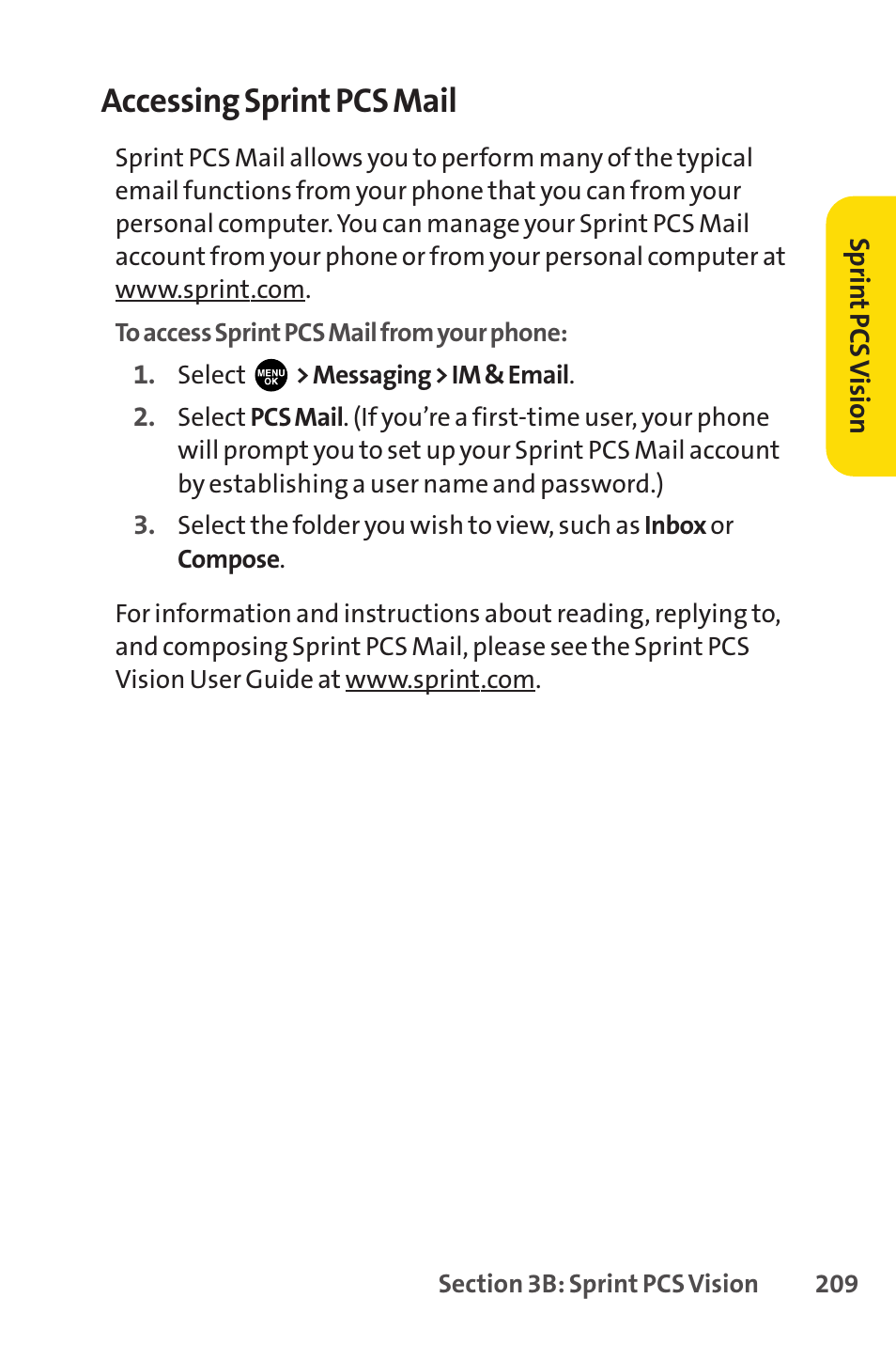 Accessing sprint pcs mail | Sprint Nextel PCSVISIONPHONE SCP-3100 User Manual | Page 225 / 270