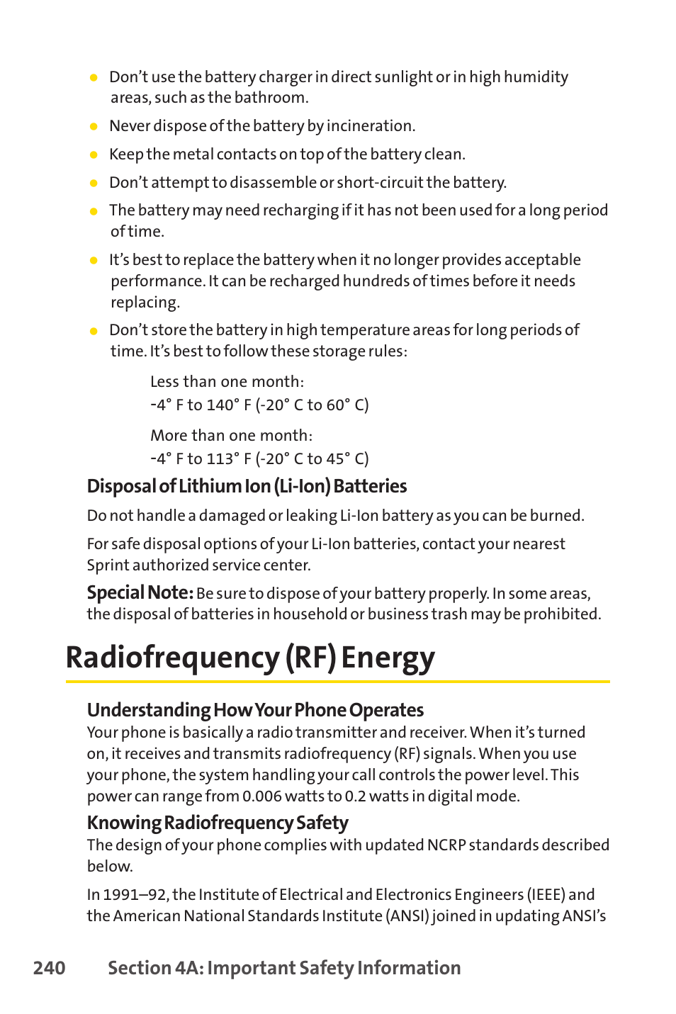 Radiofrequency (rf) energy, Disposal of lithium ion (li-ion) batteries, Understanding how your phone operates | Knowing radiofrequency safety | Sprint Nextel PCSVISIONPHONE SCP-3100 User Manual | Page 256 / 270