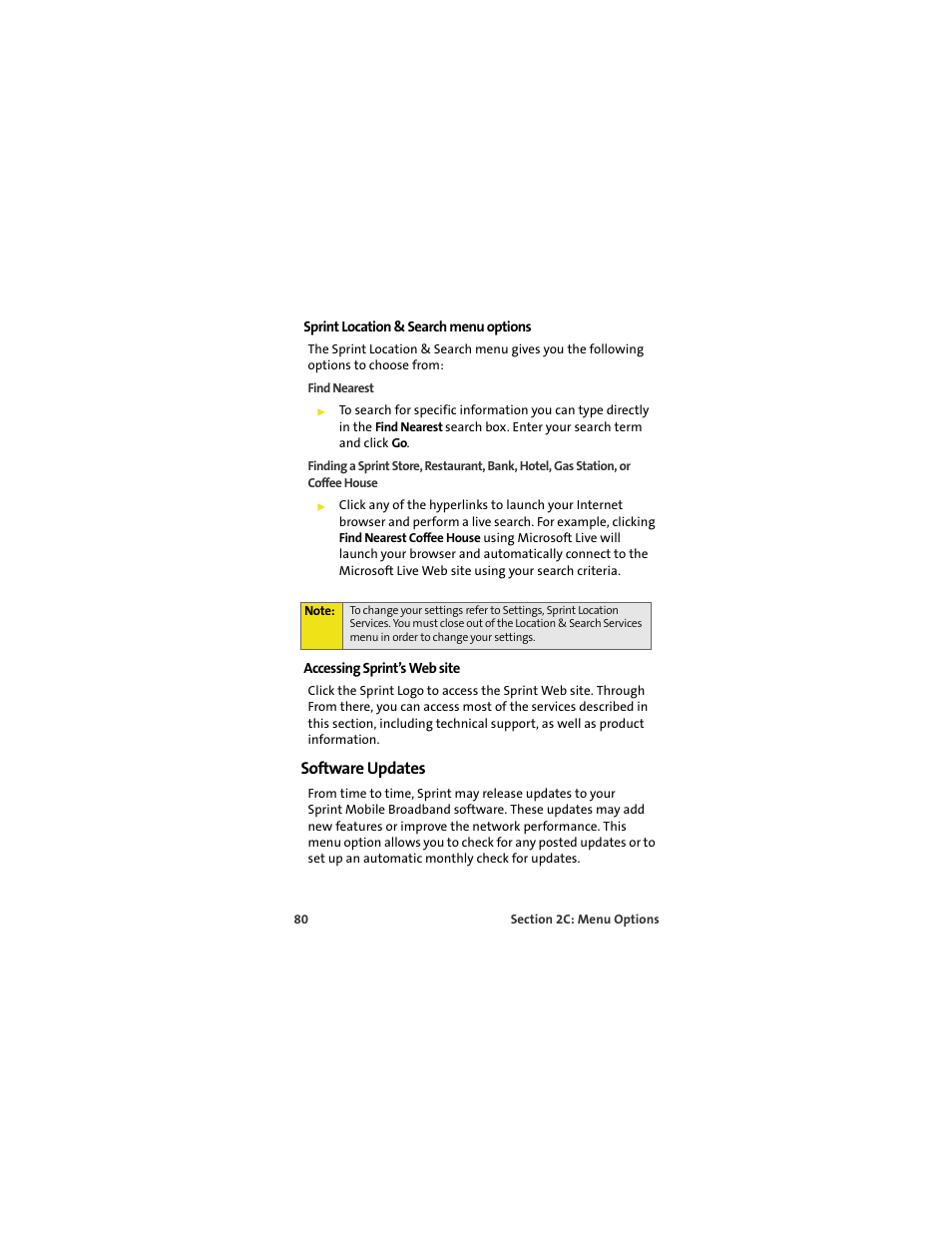 Sprint location & search menu options, Accessing sprint’s web site, Software updates | Sprint Nextel U727 User Manual | Page 88 / 183