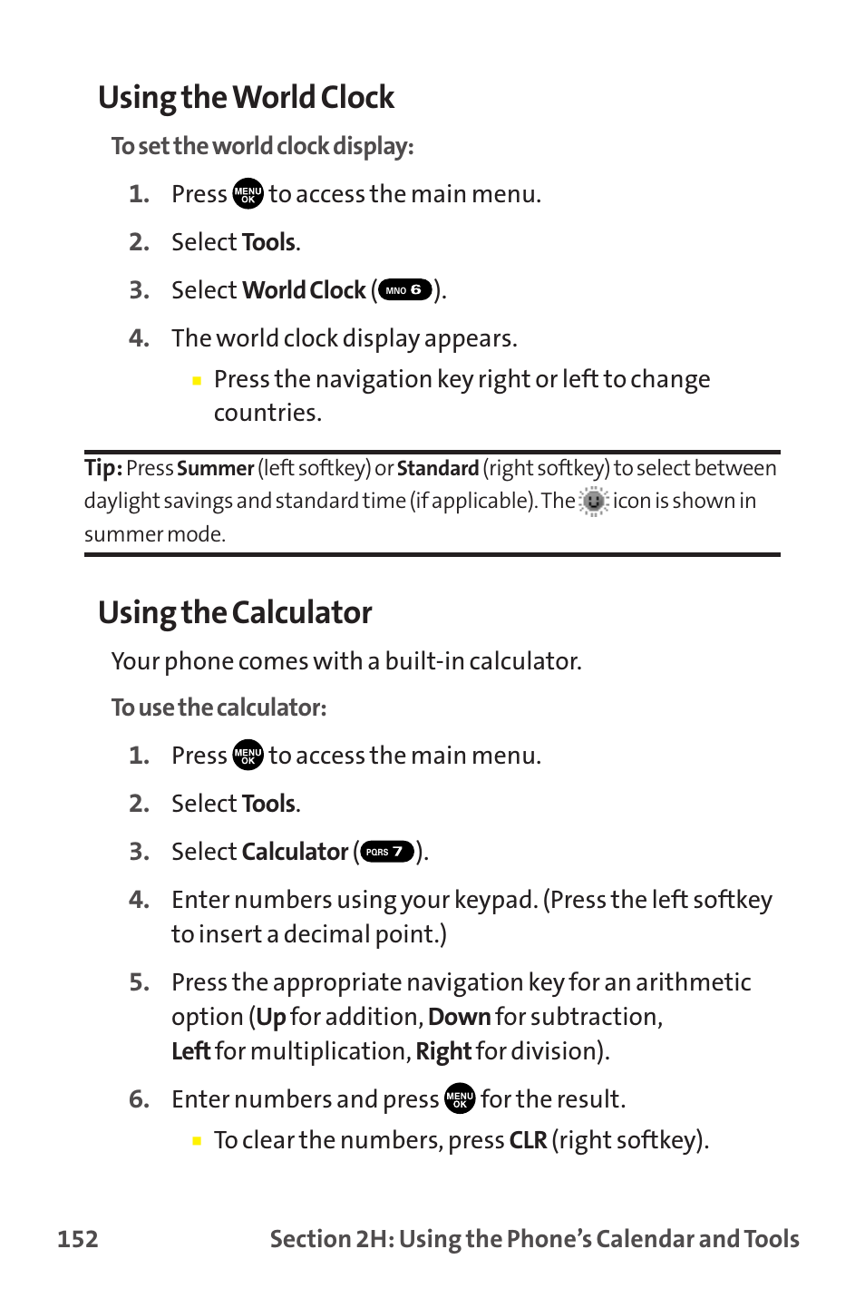 Using the world clock, Using the calculator | Sprint Nextel MM-7500 User Manual | Page 162 / 345