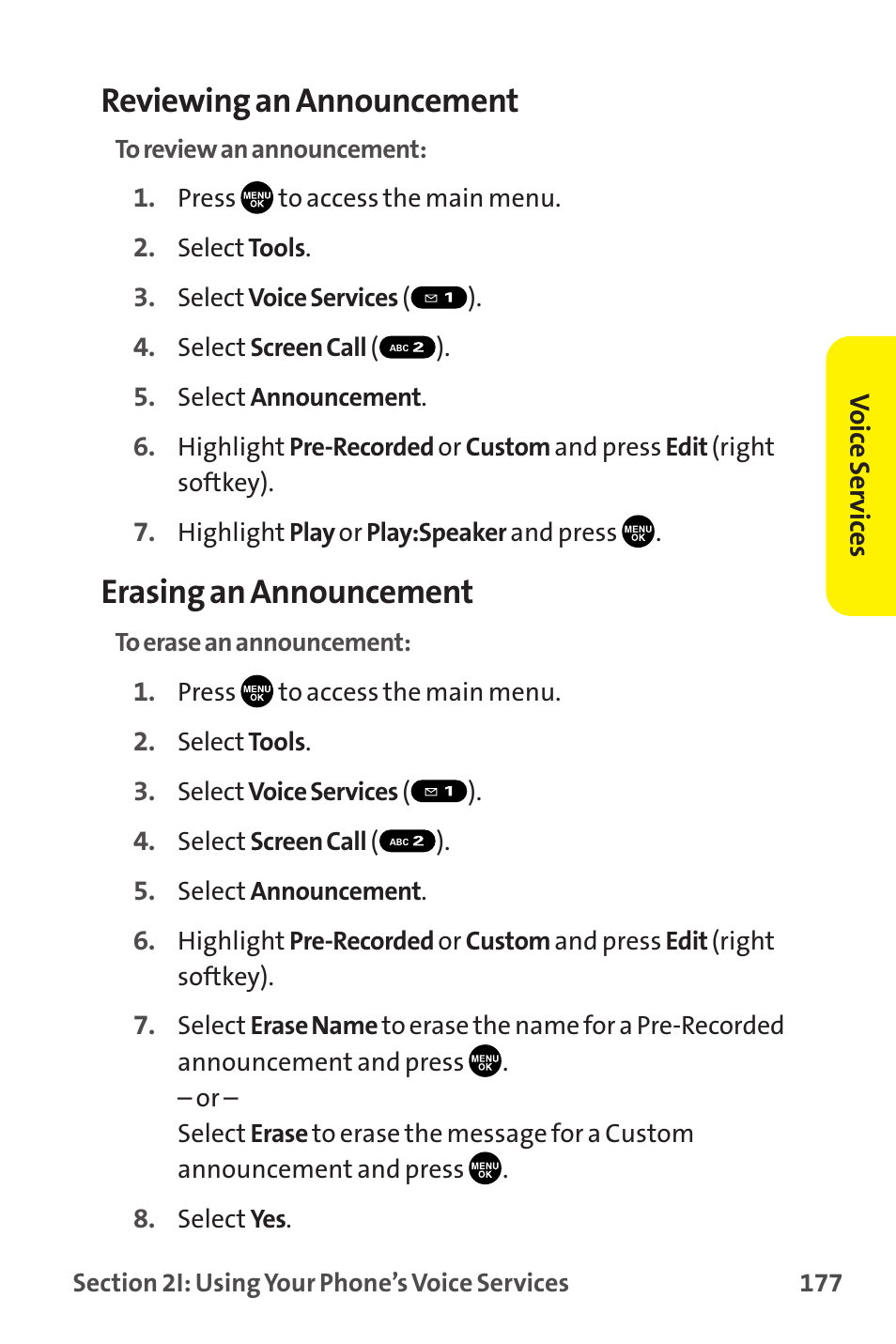Reviewing an announcement, Erasing an announcement | Sprint Nextel MM-7500 User Manual | Page 187 / 345