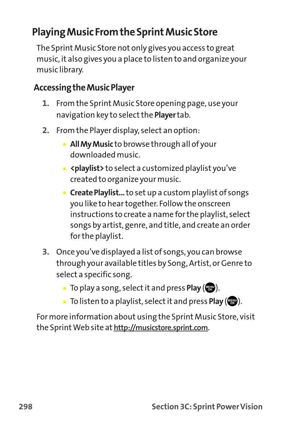 Playing music from the sprint music store, Accessing the music player | Sprint Nextel MM-7500 User Manual | Page 308 / 345