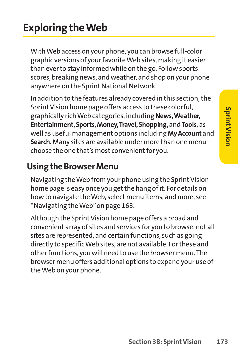 Exploring the web, Using the browser menu | Sprint Nextel H 11/07 User Manual | Page 190 / 219