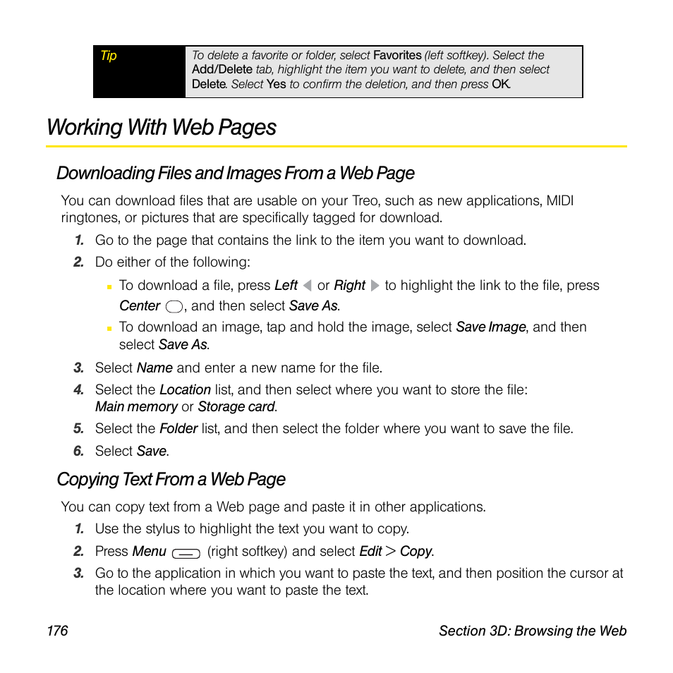 Working with web pages, Downloading files and images from a web page, Copying text from a web page | Sprint Nextel Palm Treo 800w User Manual | Page 176 / 436