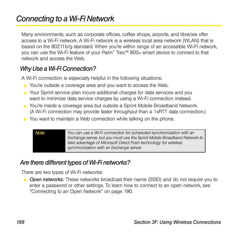 Connecting to a wi-fi network, Why use a wi-fi connection, Are there different types of wi-fi networks | Sprint Nextel Palm Treo 800w User Manual | Page 188 / 436