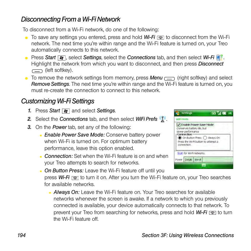 Disconnecting from a wi-fi network, Customizing wi-fi settings | Sprint Nextel Palm Treo 800w User Manual | Page 194 / 436
