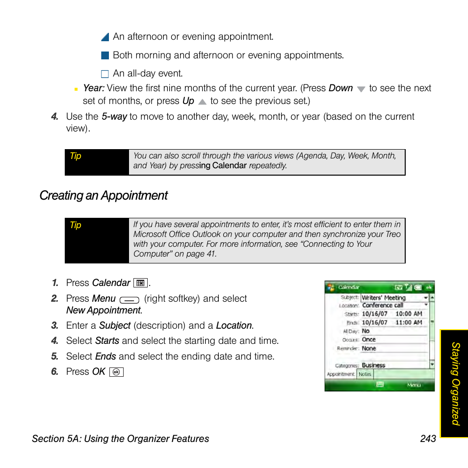 Creating an appointment | Sprint Nextel Palm Treo 800w User Manual | Page 243 / 436