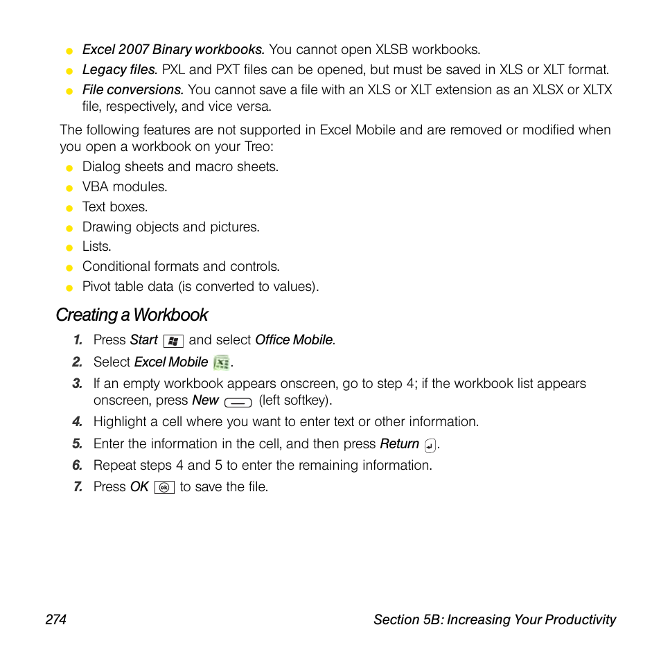 Creating a workbook | Sprint Nextel Palm Treo 800w User Manual | Page 274 / 436
