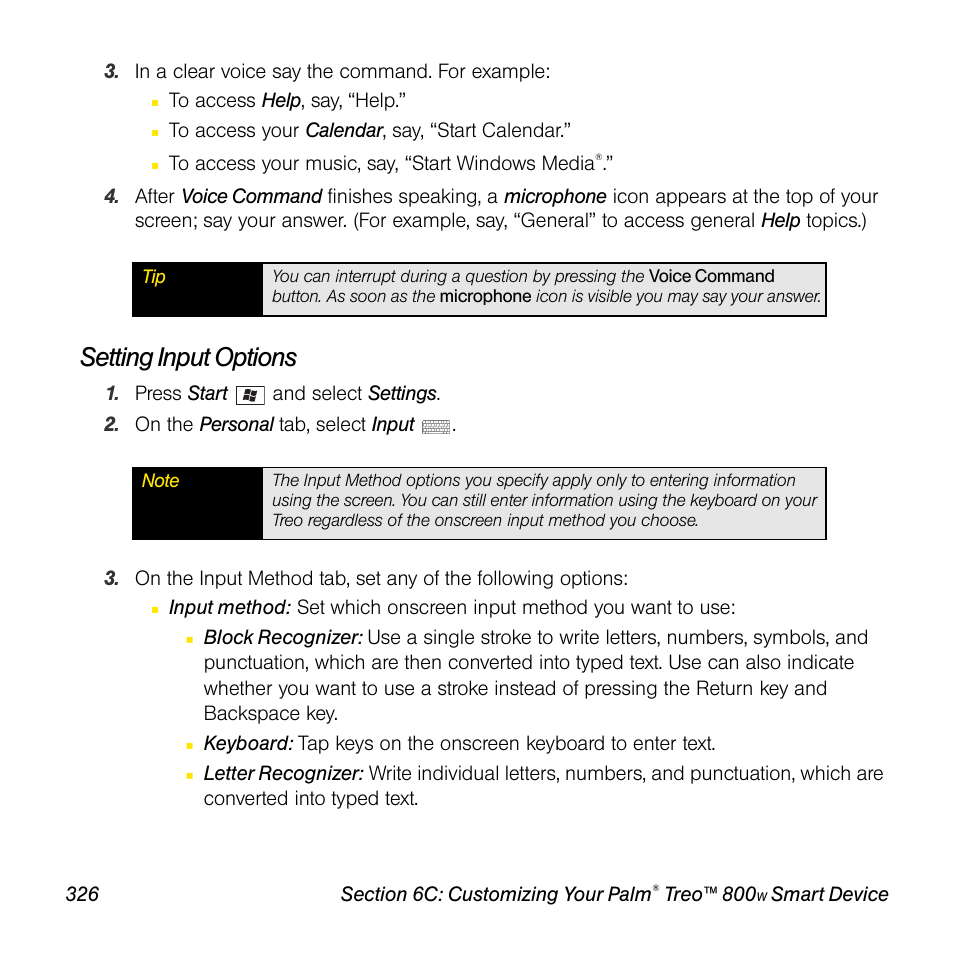 Setting input options | Sprint Nextel Palm Treo 800w User Manual | Page 326 / 436