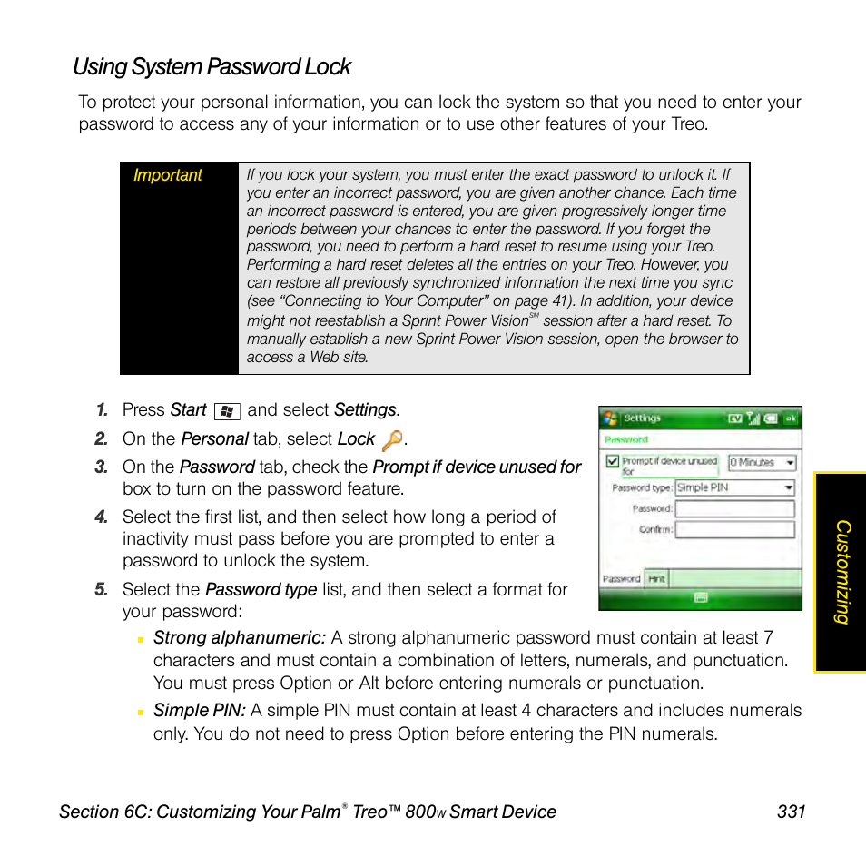 Using system password lock | Sprint Nextel Palm Treo 800w User Manual | Page 331 / 436