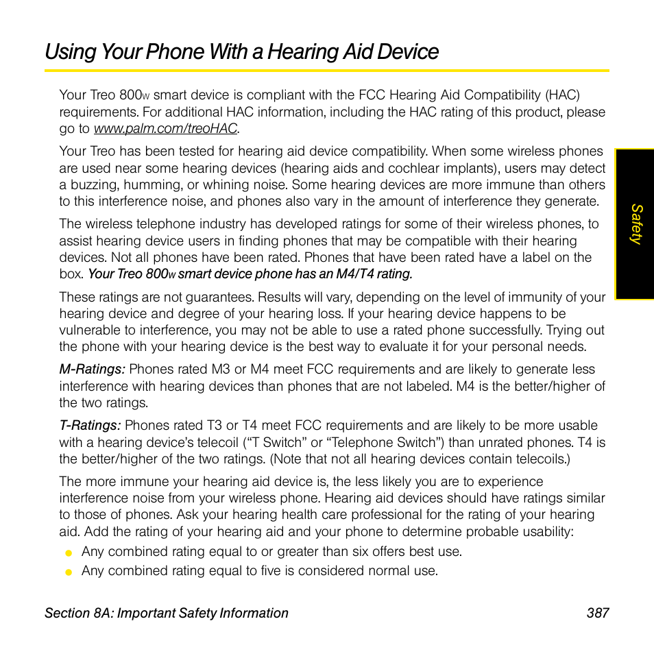 Using your phone with a hearing aid device | Sprint Nextel Palm Treo 800w User Manual | Page 387 / 436