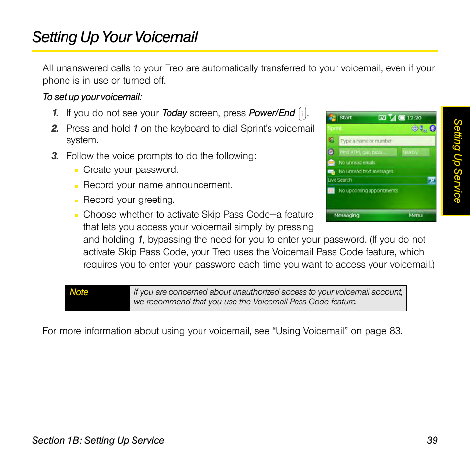 Setting up your voicemail | Sprint Nextel Palm Treo 800w User Manual | Page 39 / 436