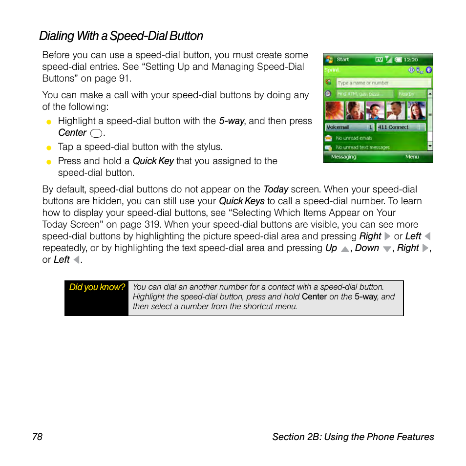 Dialing with a speed-dial button | Sprint Nextel Palm Treo 800w User Manual | Page 78 / 436