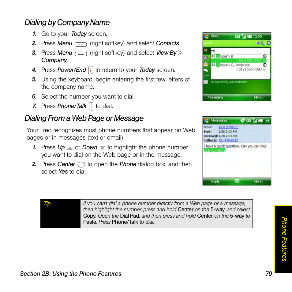 Dialing by company name, Dialing from a web page or message | Sprint Nextel Palm Treo 800w User Manual | Page 79 / 436