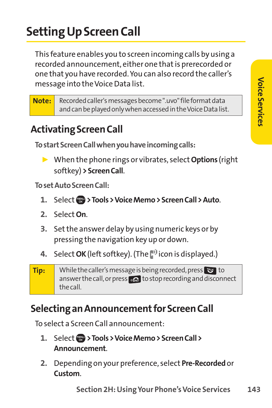 Setting up screen call, Activating screen call, Selecting an announcement for screen call | Sprint Nextel Cell Phone User Manual | Page 161 / 336