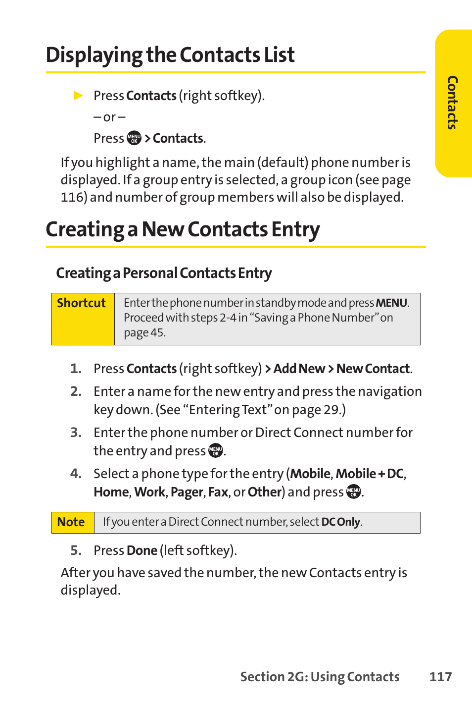 Displaying the contacts list, Creating a new contacts entry, E 117) | Sprint Nextel SANYO PRO-700 User Manual | Page 131 / 236