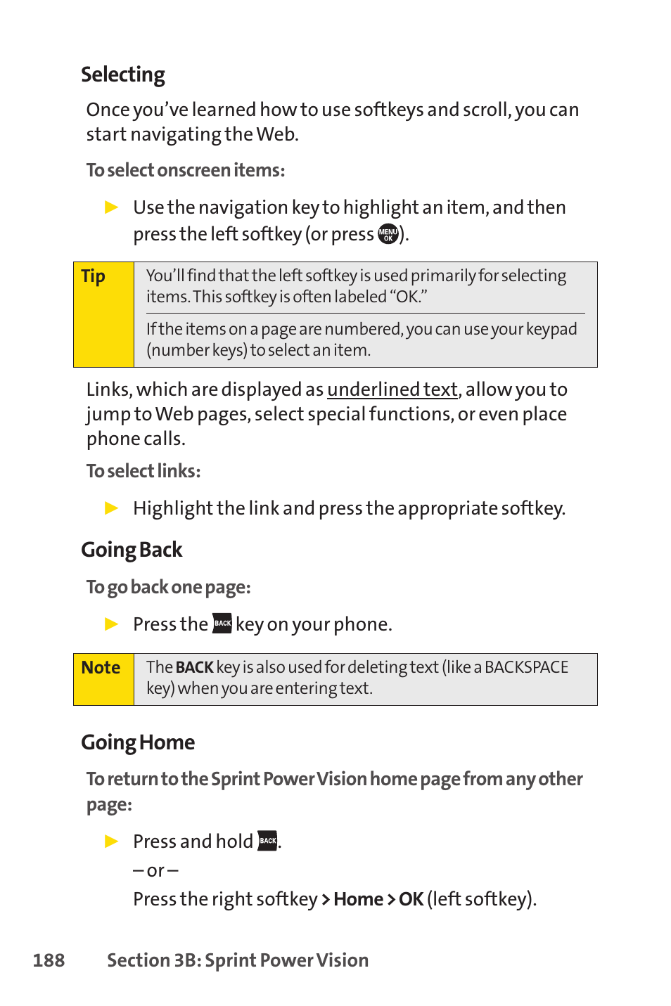 Selecting, Going back, Going home | Sprint Nextel SANYO PRO-700 User Manual | Page 202 / 236