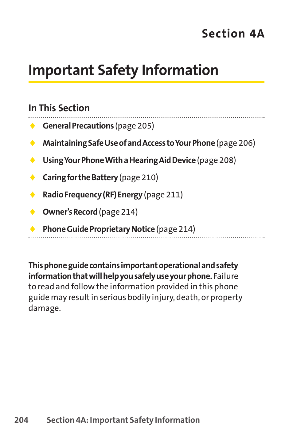 4a important safety information, 4a. important safety information, Important safety information | Sprint Nextel SANYO PRO-700 User Manual | Page 218 / 236