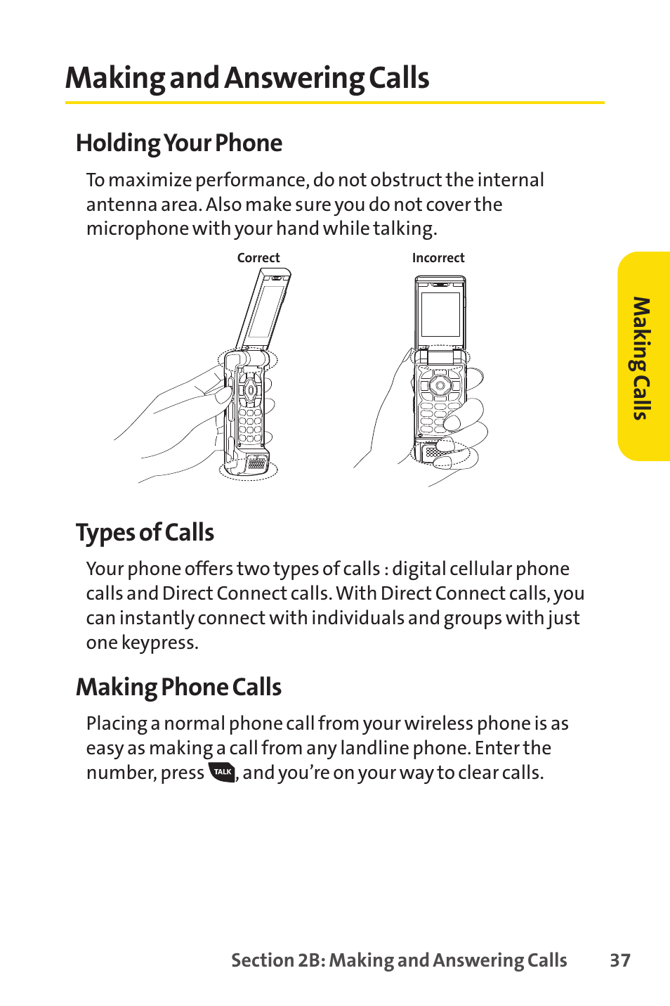 Making and answering calls, E 37), Holding your phone | Types of calls, Making phone calls | Sprint Nextel SANYO PRO-700 User Manual | Page 51 / 236