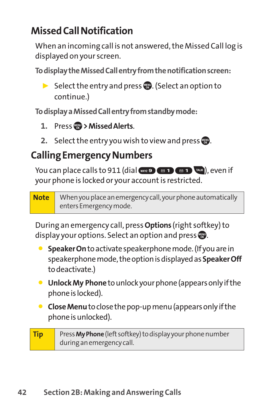 Missed call notification, Calling emergency numbers | Sprint Nextel SANYO PRO-700 User Manual | Page 56 / 236