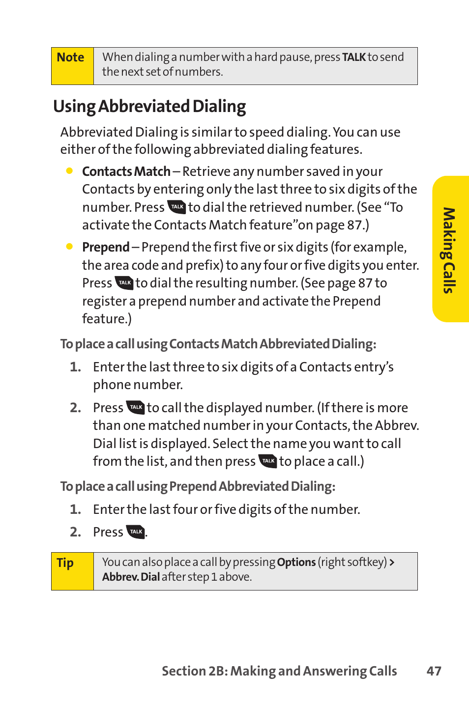 E 47.), Using abbreviated dialing, Mak in g ca lls | Sprint Nextel SANYO PRO-700 User Manual | Page 61 / 236