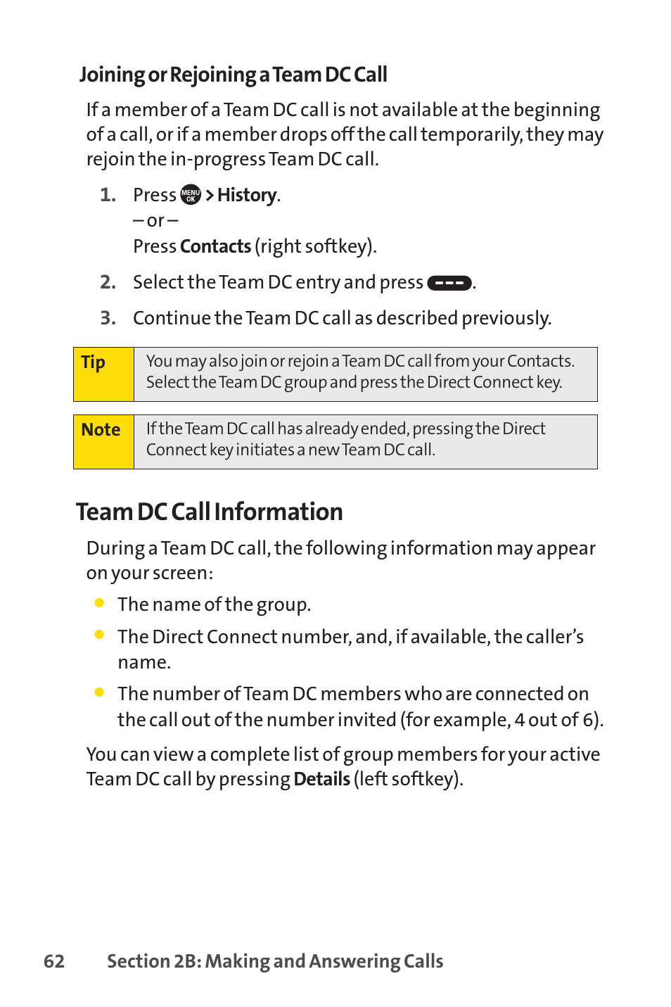 Team dc call information, Joining or rejoining a team dc call | Sprint Nextel SANYO PRO-700 User Manual | Page 76 / 236