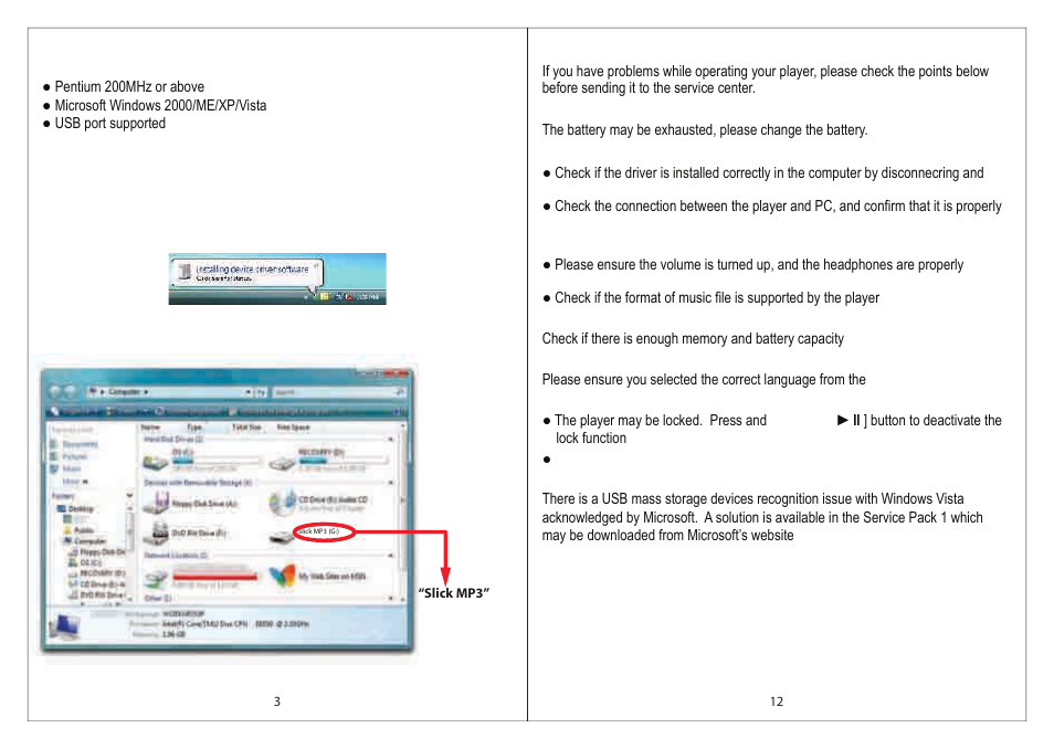 Connecting to a computer, System requirements, Troubleshooting | Slick MP316CB-2 User Manual | Page 4 / 8
