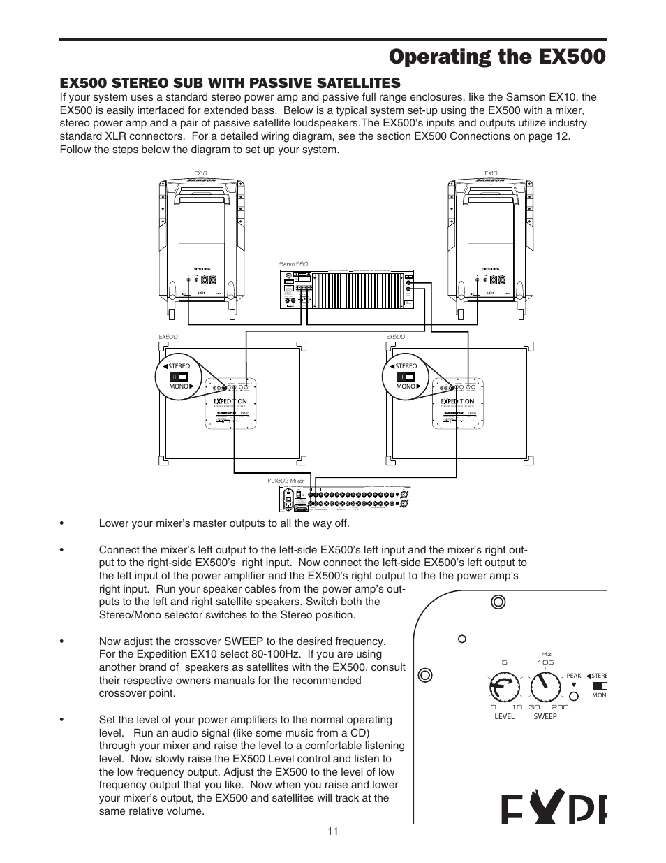 Ex500 stereo sub with passive satellites, Operating the ex500 | Samson EX500 User Manual | Page 13 / 16