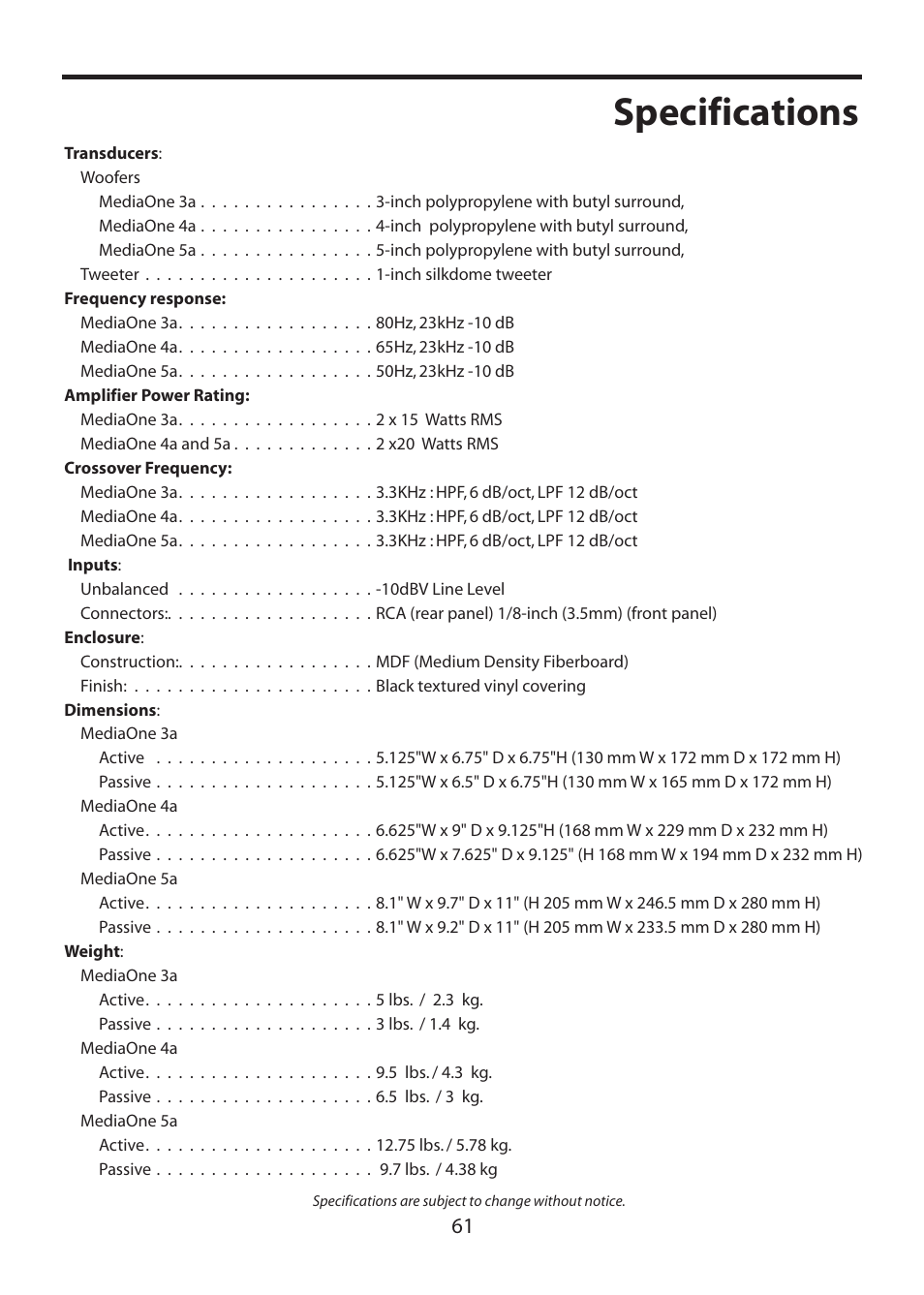 Specifications | Samson MediaOne 3a User Manual | Page 67 / 72