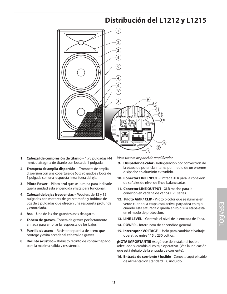 Distribución del l1212 y l1215, Esp añol | Samson L1215 User Manual | Page 47 / 76