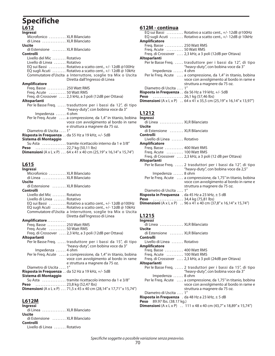 Specifiche, L612, L615 | L612m, 612m - continua, L1212, L1215 | Samson L1215 User Manual | Page 74 / 76