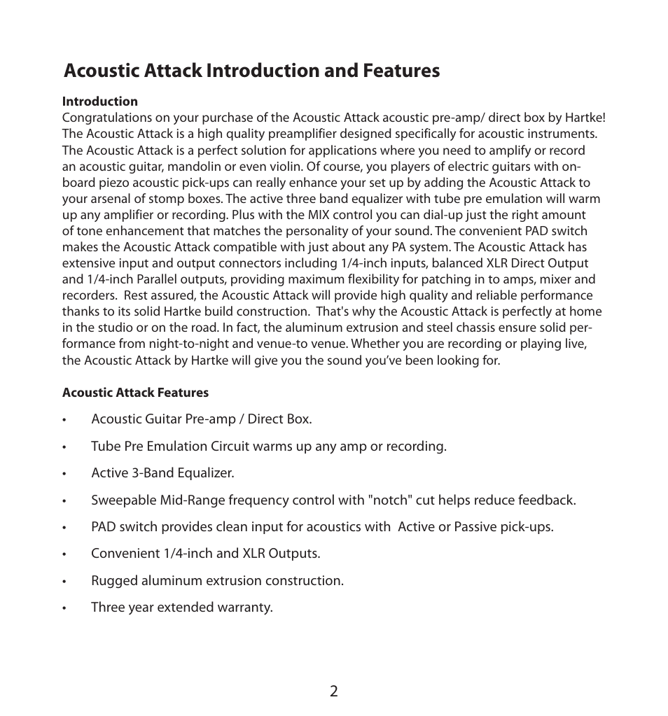 Acoustic attack introduction and features, Introduction, Acoustic attack features | Samson Hartke Acoustic Pre-Amp User Manual | Page 4 / 12