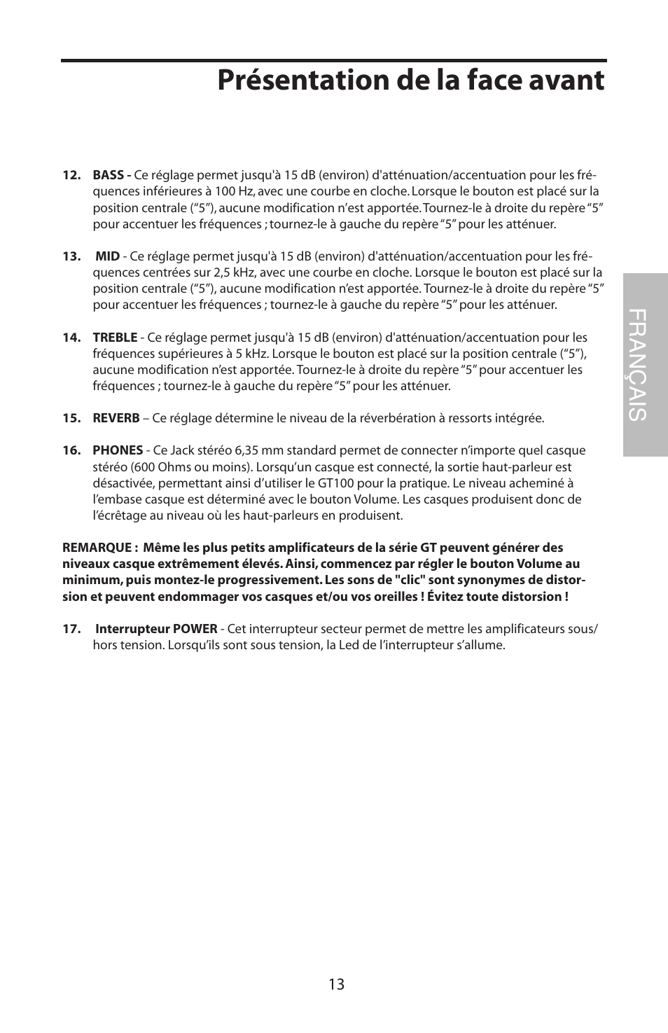 Présentation de la face avant, Français | Samson GT100C User Manual | Page 17 / 56