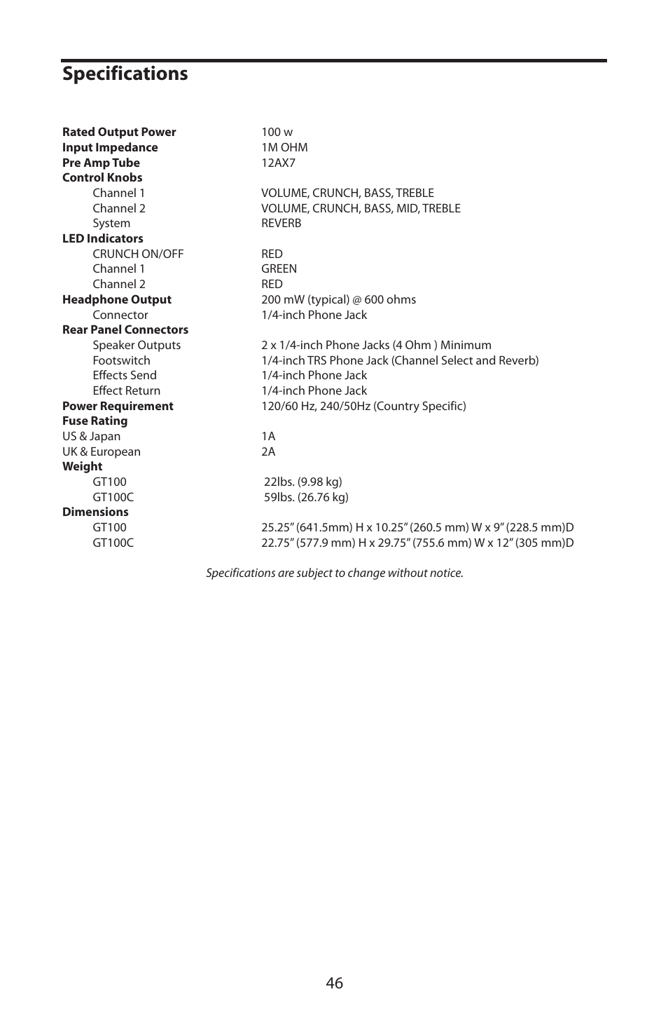 Specifications | Samson GT100C User Manual | Page 50 / 56