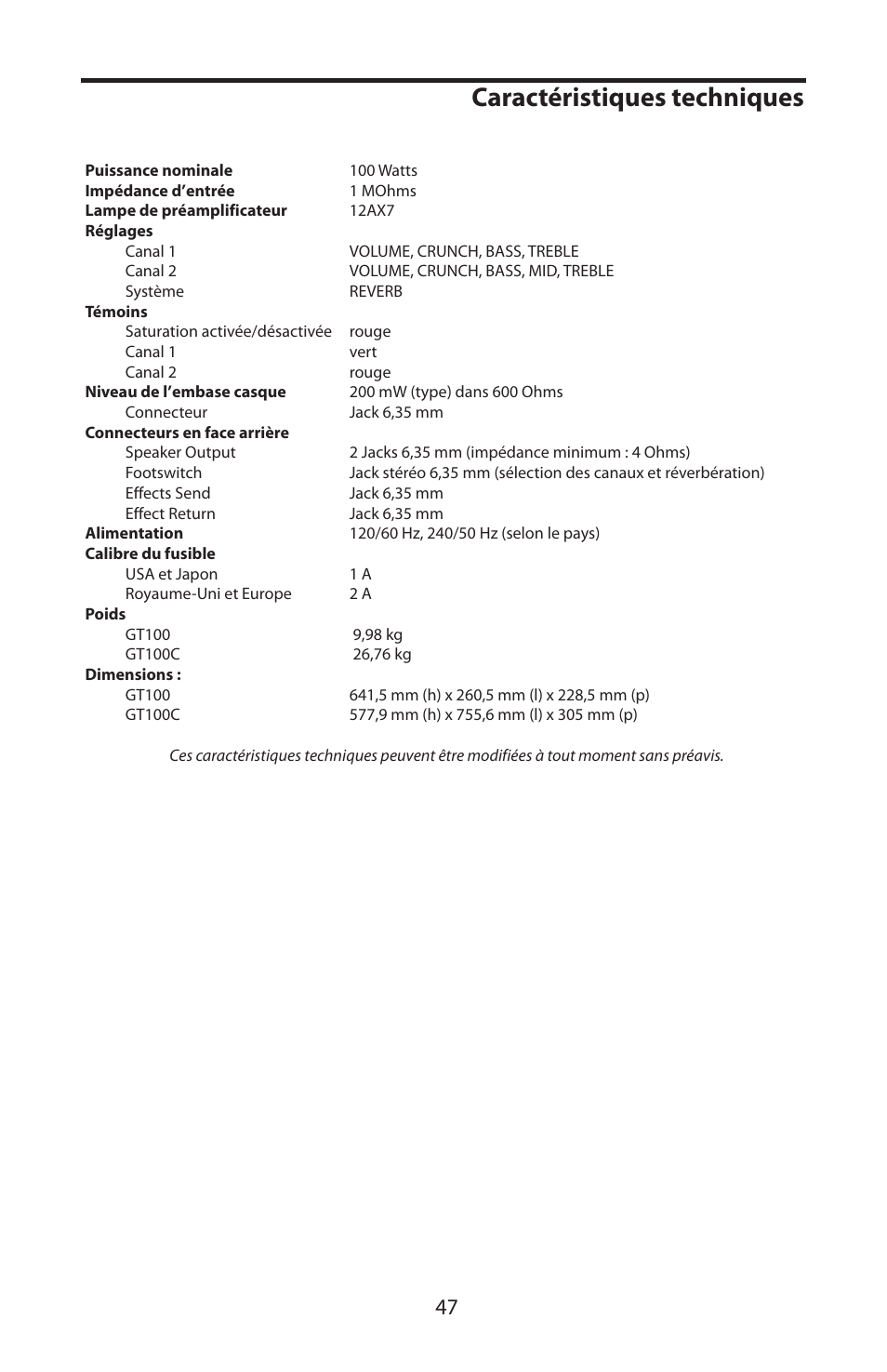 Caractéristiques techniques | Samson GT100C User Manual | Page 51 / 56
