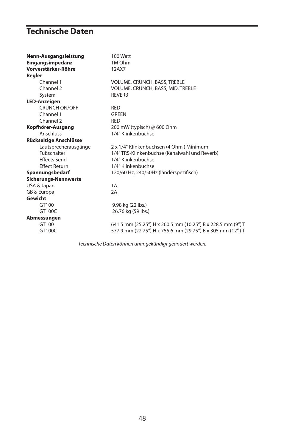 Technische daten | Samson GT100C User Manual | Page 52 / 56