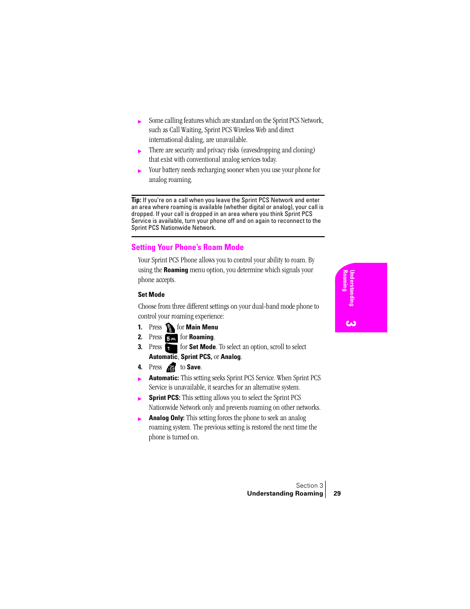 Setting your phone’s roam mode, Set mode | Samsung SPH-A400 User Manual | Page 29 / 157